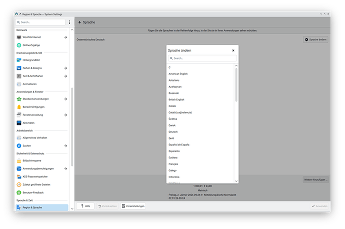 Auswahlmöglichkeiten der Grundsprache in den KDE-Systemeinstellungen