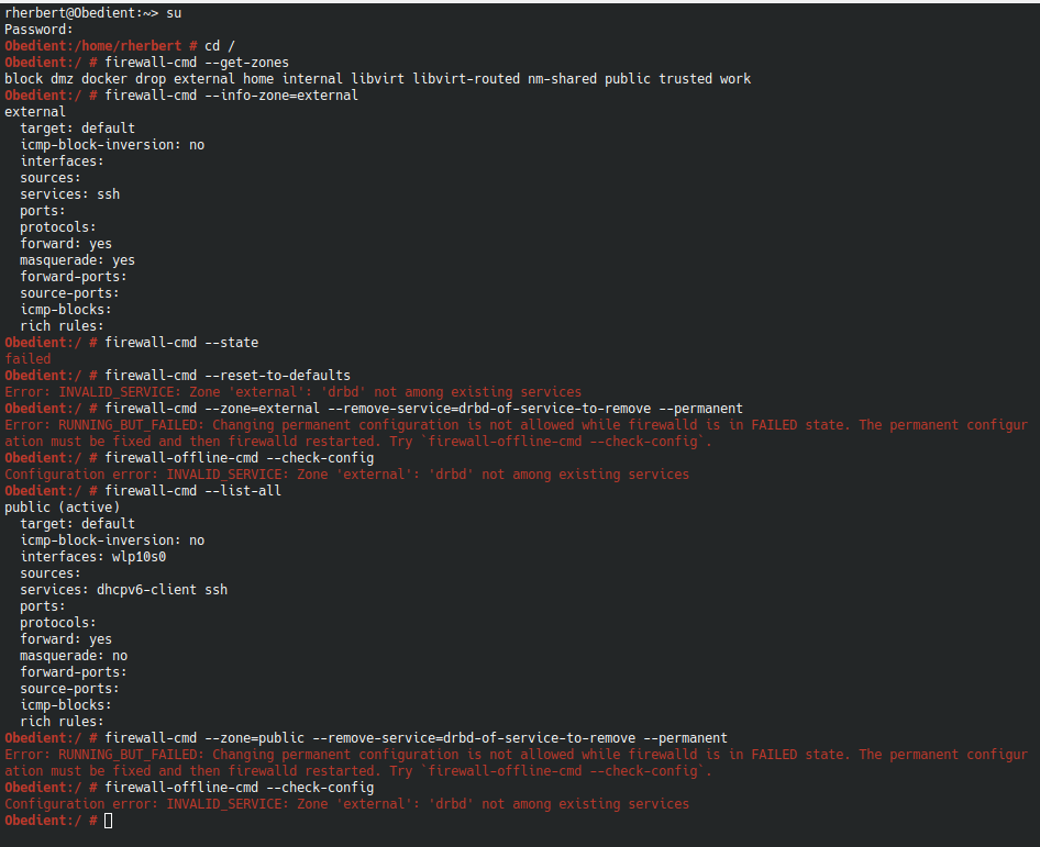 Cannot remove service from firewall zone with yast or firewall cmd