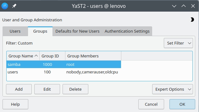 YaST2 users - groups